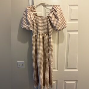 Brown Gingham Puff Sleeve Dress